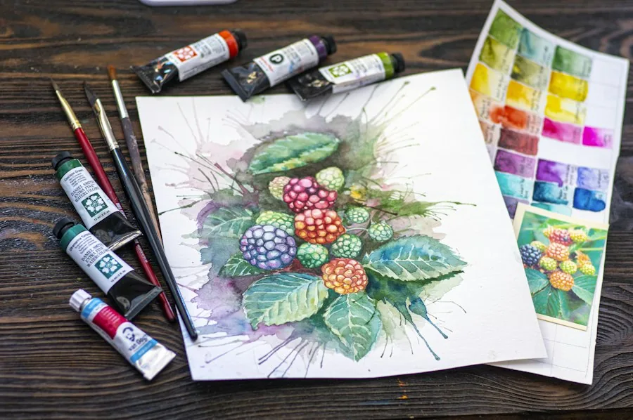Watercolour botanical painting surrounded by art supplies (illustrative stock photo)