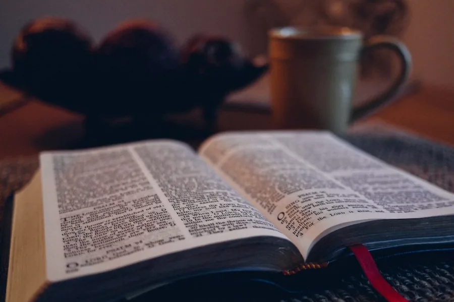 Open Bible on a wooden table (illustrative stock photo)