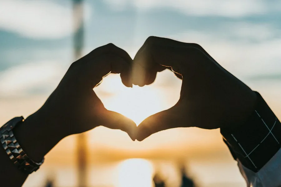 Two hands forming a heart shape against the sunset (illustrative stock photo)