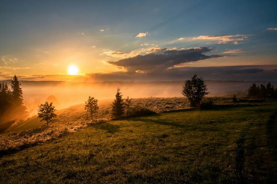 Sun rising over a misty field (illustrative stock photo)