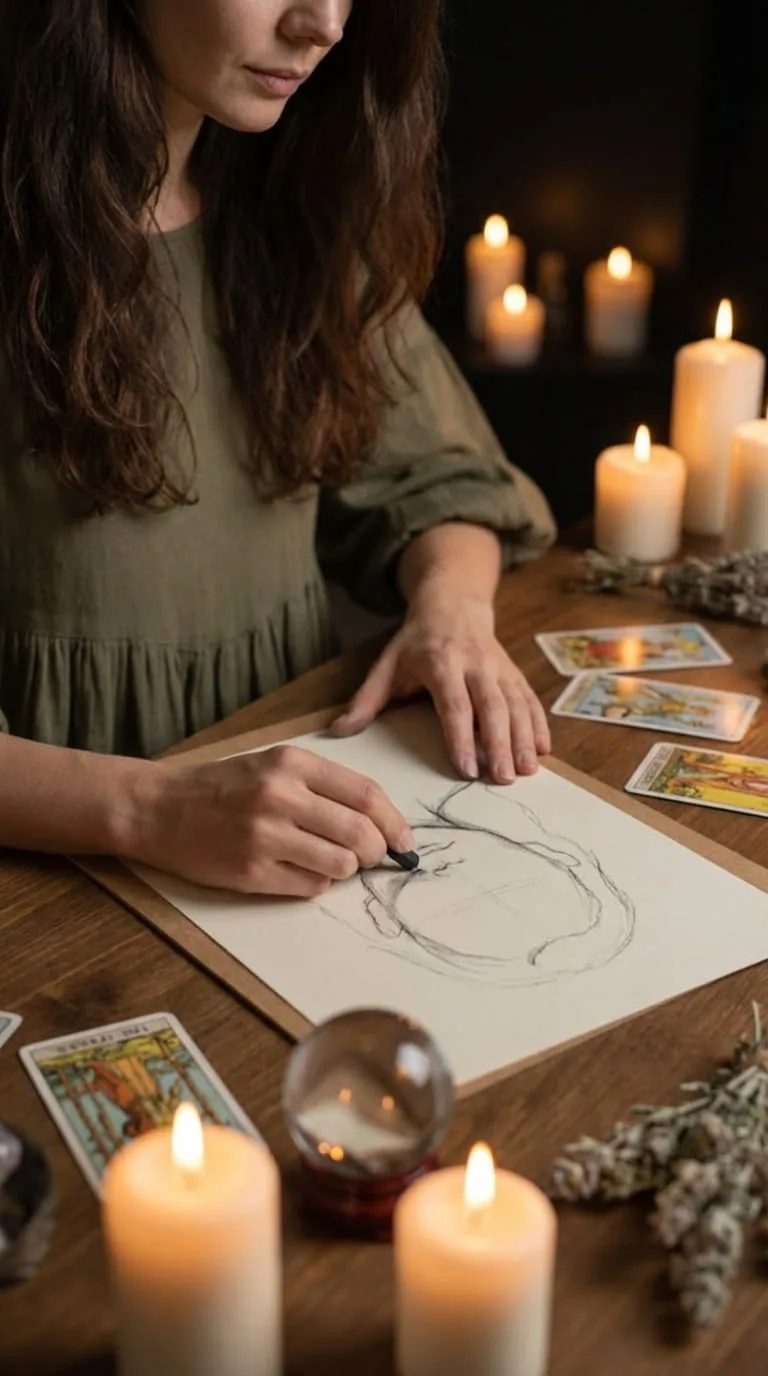 Tara Lunar Soulmate Sketch artwork of a soulmate sketch being drawn by candlelight from the official sales page