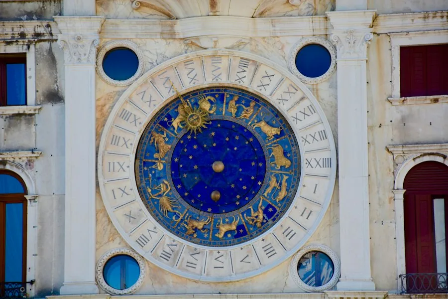 Ornate astronomical clock face showing the zodiac signs (illustrative stock photo)